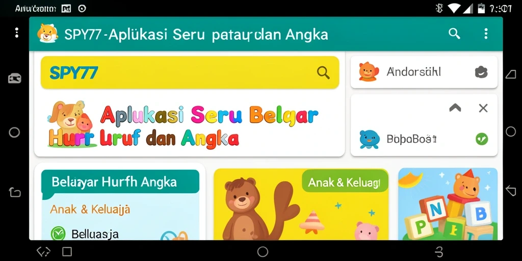 Antarmuka menarik aplikasi SPY77 untuk belajar huruf dan angka.